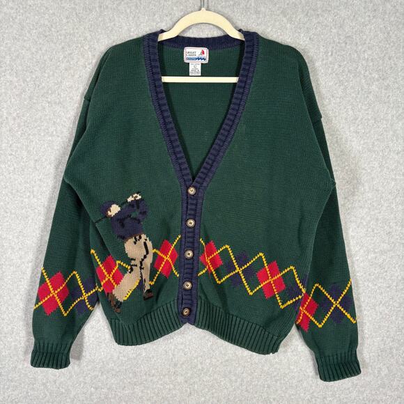 Vintage 90s Great Lakes Cardigan Sweater Mens Large Green Argyle Golfer Grandpa - Picture 1 of 9